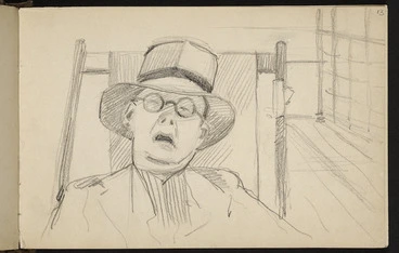 Image: Hill Mabel, 1872-1956 :[Sleeping man in deck chair. 1927?].