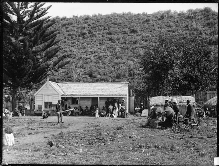 Image: Powhiri for Governor Sir William Jervois, Lady Jervois, and party, at Kawhia, by chiefs of Ngati Hikairo, and Tetahi Rahi and Tiki Taimana