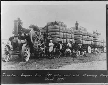 Image: Traction engine hauling bales of wool, and shearing gang alongside