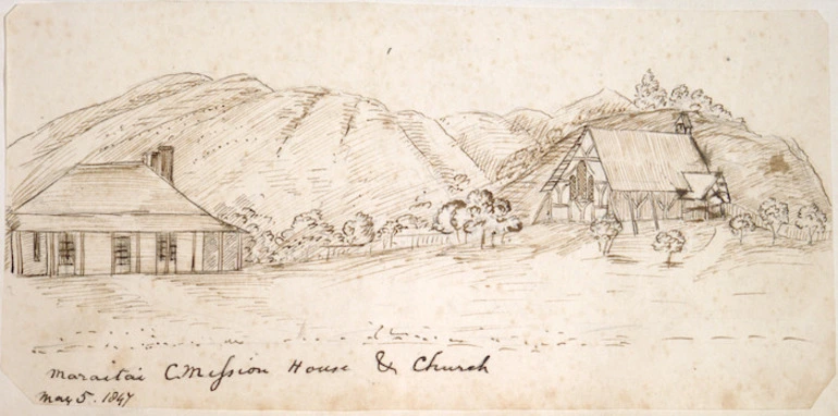 Image: Taylor, Richard, 1805-1873 :Maraitai C. Mission house and church, May 5 1847