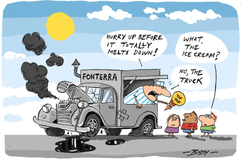 Image: Ice-cream truck man hands "Tip-Top" ice-cream to children warning them to hurry before the "Fonterra" truck "totally melts down"