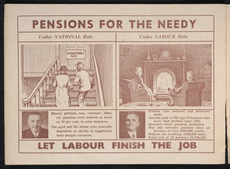 Image: New Zealand Labour Party: Pensions for the needy, under National rule; ... under Labour rule. Let Labour finish the job [1938. Page 14]