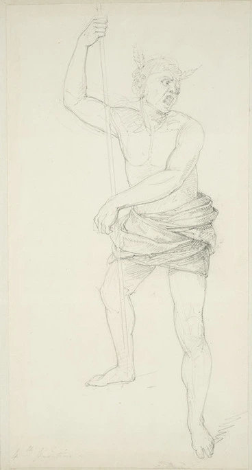 Image: [Strutt, William] 1825-1915 :[The Maori war dance]. 4th position. [1855 or 1856]