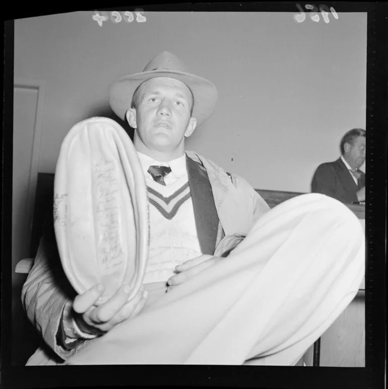 Image: Unidentified member of the Springbok rugby union football team arrives in Auckland