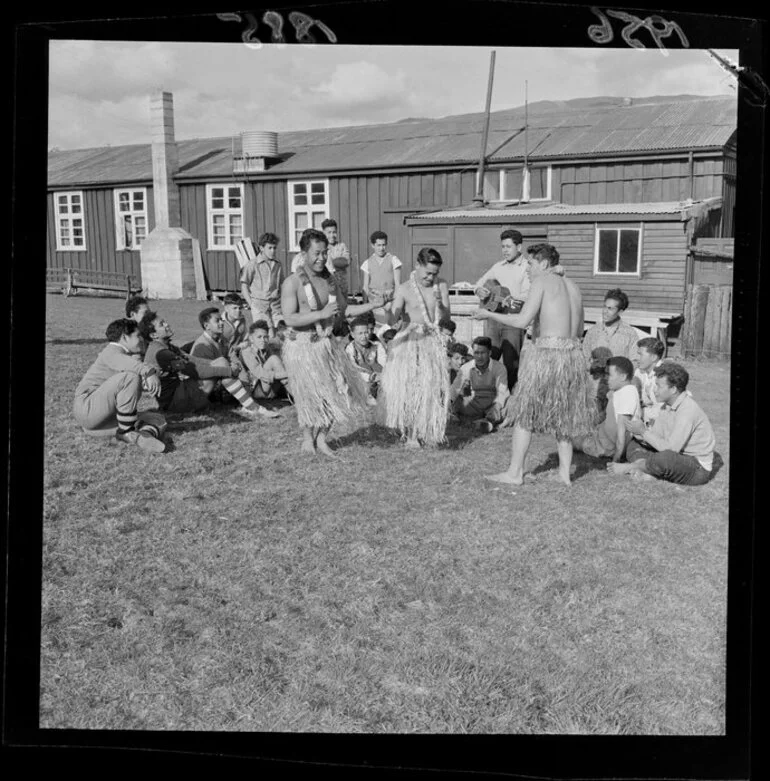 Image: Island boys playing guitar and dancing at Reikorangi camp, Kapiti Coast District