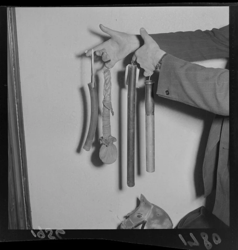 Image: An assortment of rubber and wooden batons for display at the Police Museum