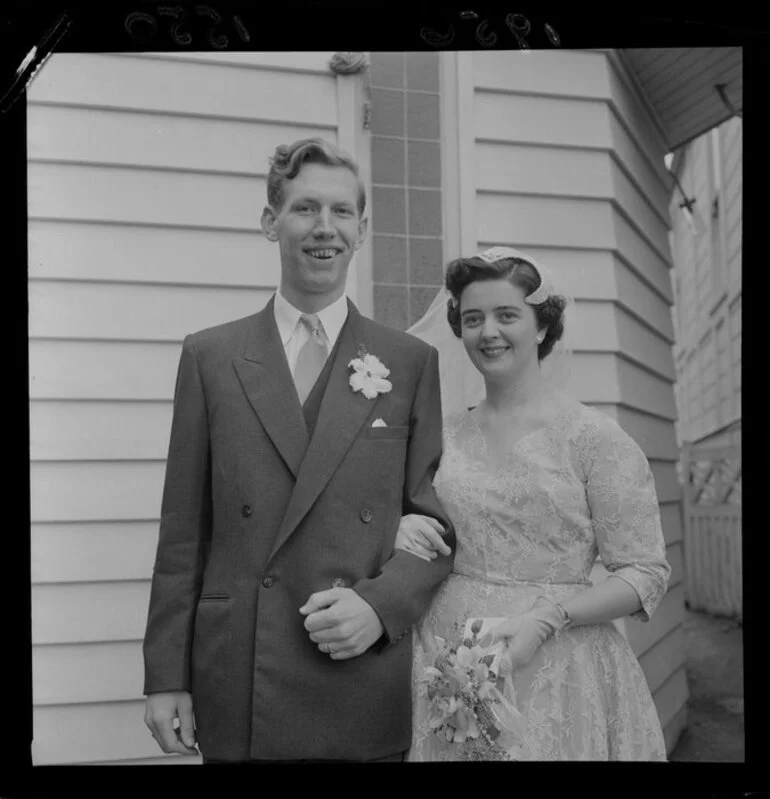 Image: Newly married couple, James Fleming and Nancy Irwin, both detectives in the police force, outside the church