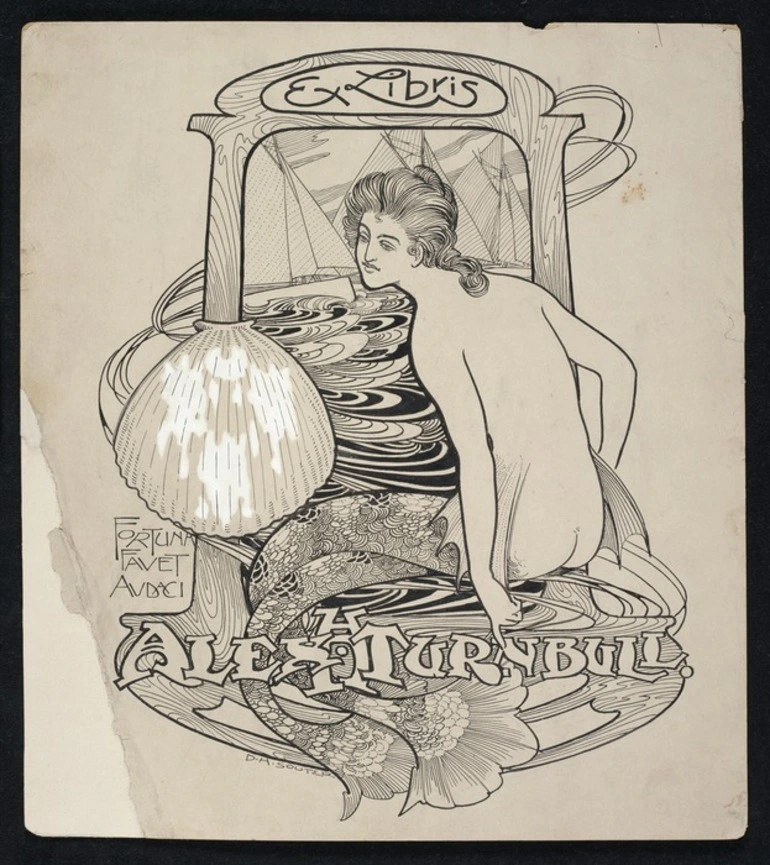 Image: Souter, David Henry 1862-1935 :[Bookplate of Alexander H Turnbull ca 1909] Ex libris Alex. H. Turnbull; Fortuna favet audaci.