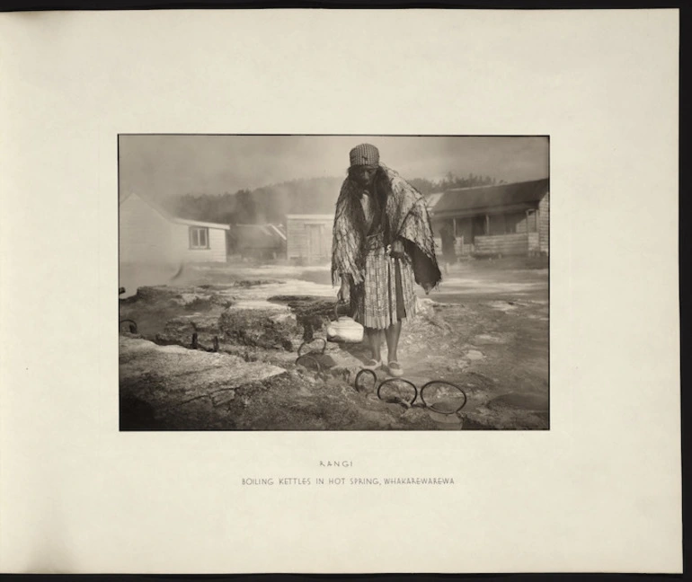 Image: Guide Rangi boiling kettles in hot spring, Whakarewarewa