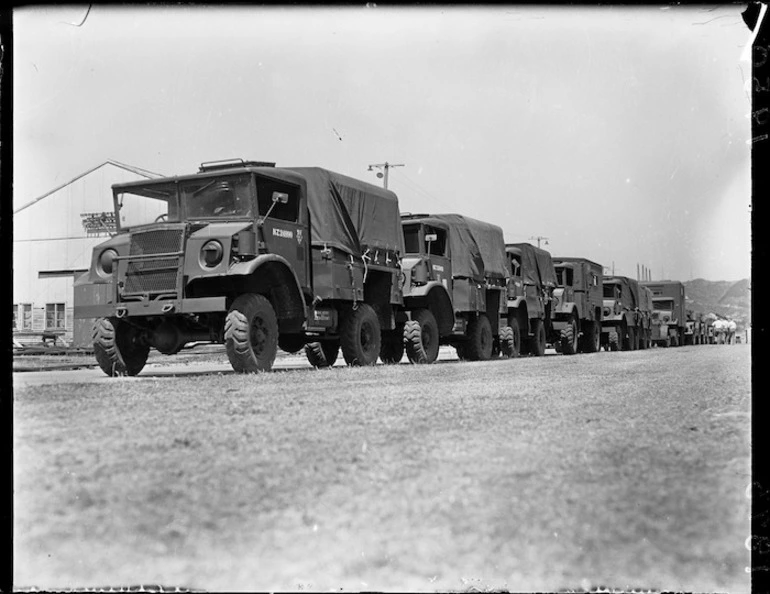 Image: Army trucks for loading onto the Ganges