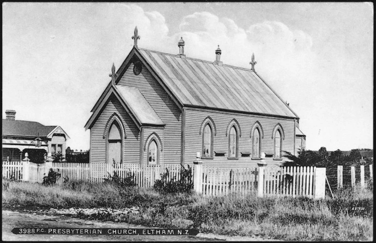 Image: [Postcard]. Presbyterian Church, Eltham, N.Z. 3988 P.C.. M.A.W. series, printed in Saxony [ca 1904-1914]