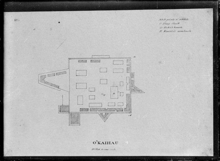 Image: Artist unknown :O'Kaihau. Points of attack. Flag staff. Heki's house. Kawiti's ambush. [1846?]