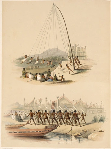 Image: [Angas, George French], 1822-1886 :Native swing. War dance before the Pah of Oinemutu, near Rotorua Lake. / George French Angas. J W Giles lithog. 1847.