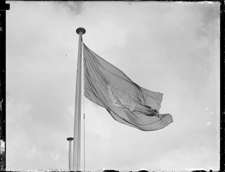 Image: United Nations flag flying on the Evening Post building