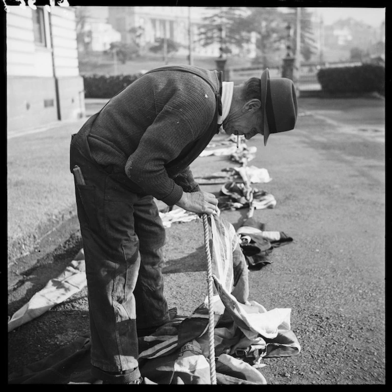 Image: Preparing flags for VE day in Wellington