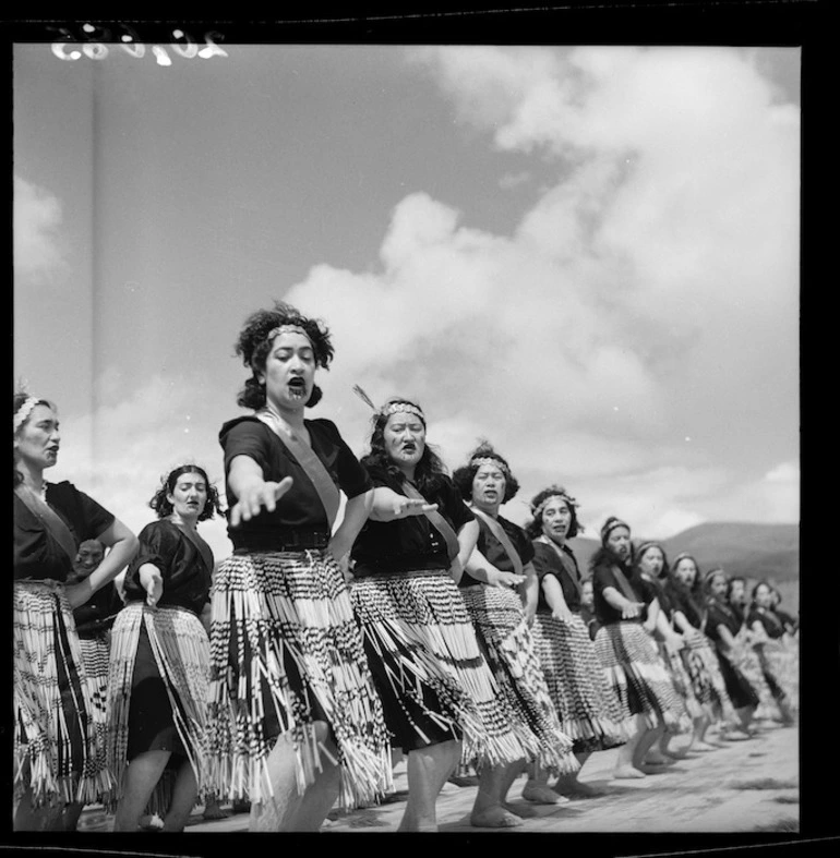 Image: Women performing a Maori action song at the hui to mark the posthumous awarding of the Victoria Cross to Te Moananui-a-Kiwa Ngarimu, in Ruatoria