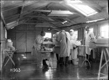 Image: An operation being conducted in the theatre of the New Zealand Stationary Hospital, Wisques, France