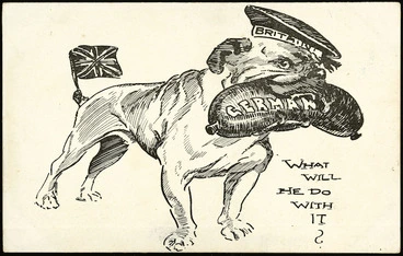 Image: [Blomfield, William?], 1866-1938 :What will he do with it? "N.Z. Observer" postcard [ca 1914].