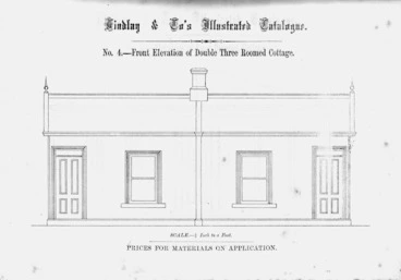 Image: Findlay & Co. :Findlay and Co's illustrated catalogue. No. 4. Front elevation of double three roomed cottage. Scale 1/4 inch to a foot. Prices for material on application. [1874]
