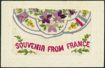 Image: [Postcard]. Souvenir from France. Fabrication francaise. To my dear brother Charles, from Jack. France, 6.15.1917. [Embroidered postcard]