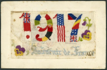 Image: 1917 Souvenir de France. [Embroidered postcard to Olive McDuff from Lance/Sgt Walter Henry Saunders].