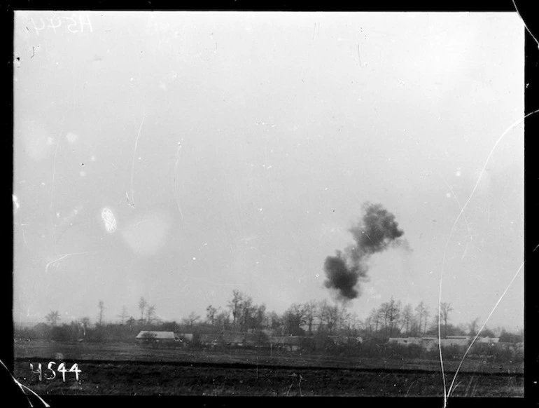 Image: A 5.9 shell bursts close to the reserve line near Courcelles, World War I