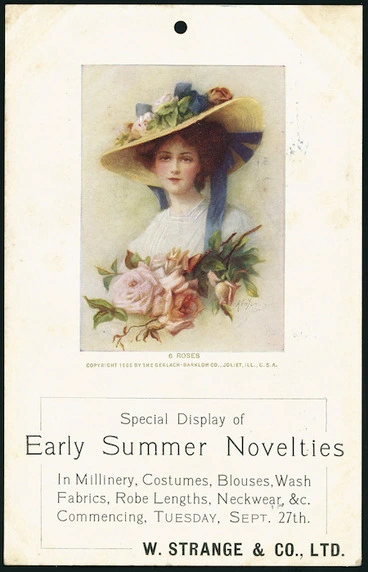 Image: W Strange & Company (Christchurch): Special display of early summer novelties in millinery, costumes, blouses, wash fabrics, robe lengths, neckwear, &c. Commencing Tuesday Sept[ember] 27th [1910?. Postcard]