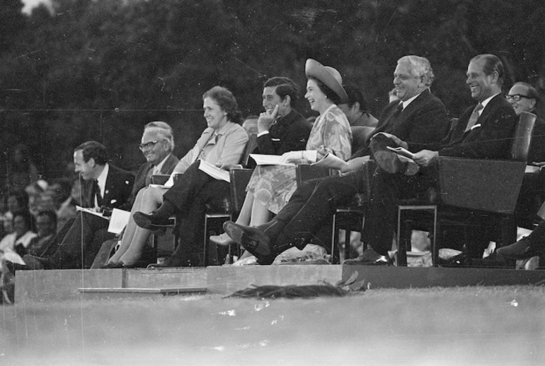 Image: Queen Elizabeth, Prince Charles, the Duke of Edinburgh, and Prime minister Norman Kirk at Waitangi