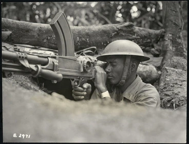 Image: Fijian Bren gunner with the New Zealand Expeditionary Force in the Pacific, during World War II, Bouganville, Papua New Guinea