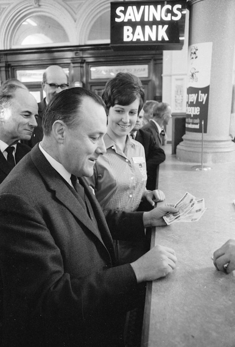 Image: Minister of Finance, Robert Muldoon, with new decimal money