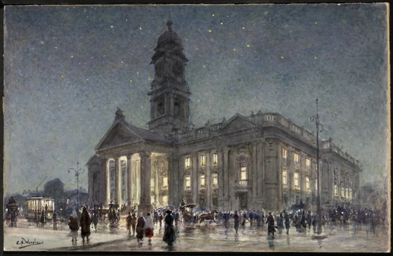 Image: Worsley, Charles Nathaniel, 1862-1923 :[A wet evening; Wellington Town Hall, N.Z, ca 1900]