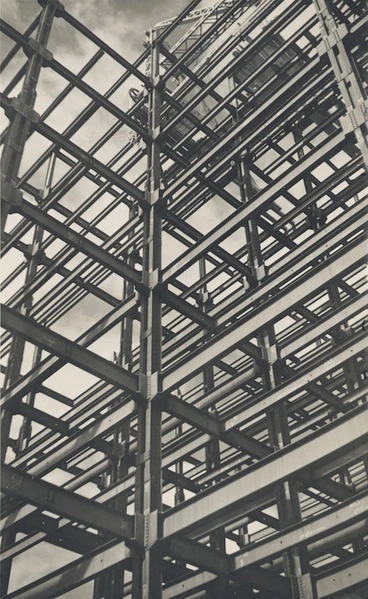 Image: Steel girders creating the frame of the Departmental Building, Stout Street, Wellington - Photograph taken by J D Pascoe