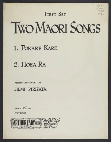 Image: Two Māori songs. First set, 1. Pokare kare 2. Hoea rā / music arranged by Hemi Piripata.