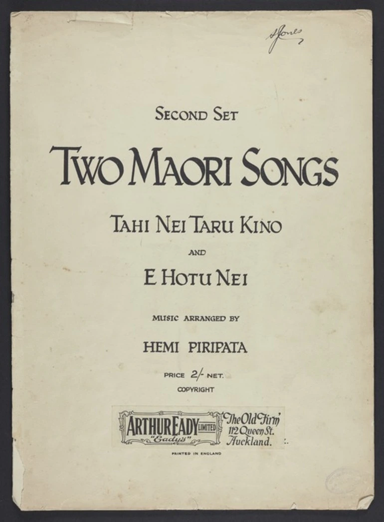 Image: Two Māori songs. Second set, Tahi nei taru kino and E hotu nei / music arranged by Hemi Piripata.