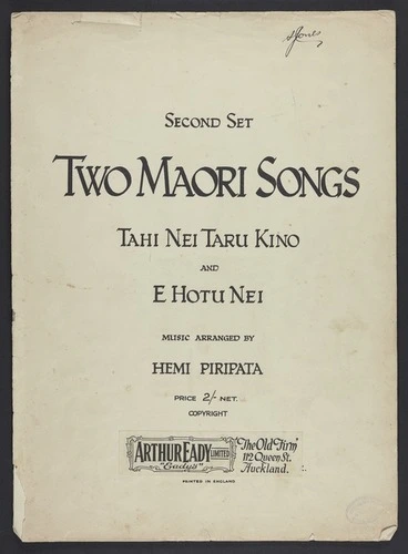 Image: Two Māori songs. Second set, Tahi nei taru kino and E hotu nei / music arranged by Hemi Piripata.