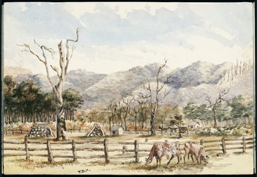 Image: Hutton, Thomas Biddulph, 1824-1886 :[Cattle, field and firewood, Hutt Valley. 1861]