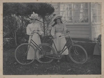 Image: Flo and Adele Avery with the first two bicycles in New Plymouth