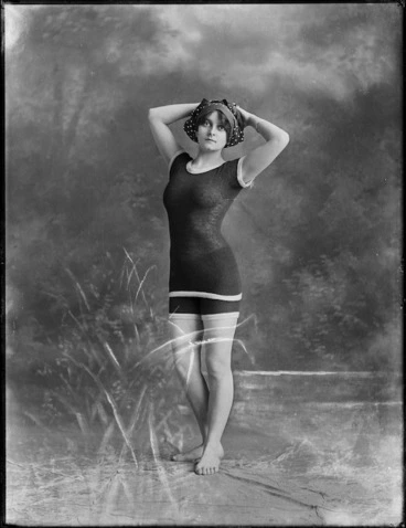 Image: A woman identified as Lola, posing in a bathing costume, probably in Auckland