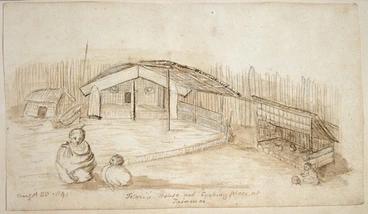 Image: [Taylor, Richard], 1805-1873 :Titari's house and cooking place at Taiamai. August 20 1841.
