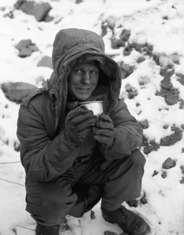 Image: Gunner Bob Ross with a mug of cocoa in wintry conditions, Korea