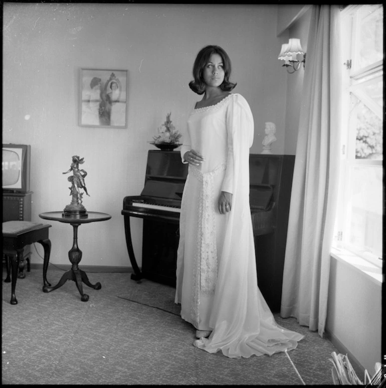 Image: Kiri Te Kanawa, wearing a concert gown of white crepe