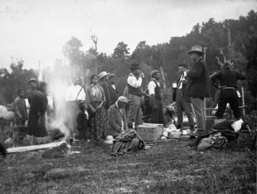 Image: Ross, Malcolm, 1862-1930 :[Lord Ranfurly and party at lunch in a clearing on the Huia-rau Trail]