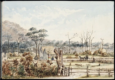 Image: Hutton, Thomas Biddulph, 1824-1886 :[Farmhouse, Hutt Valley. 1861]