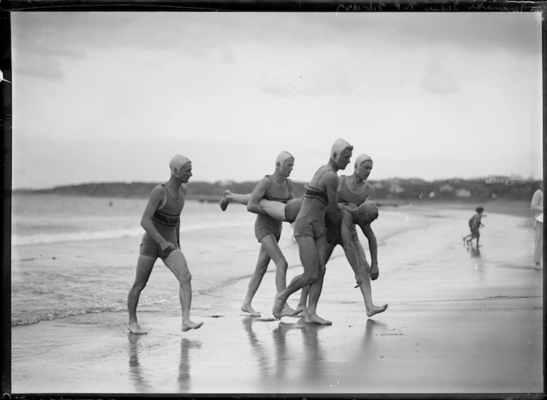 Image: Life-saving drill, probably on unidentified Taranaki beach