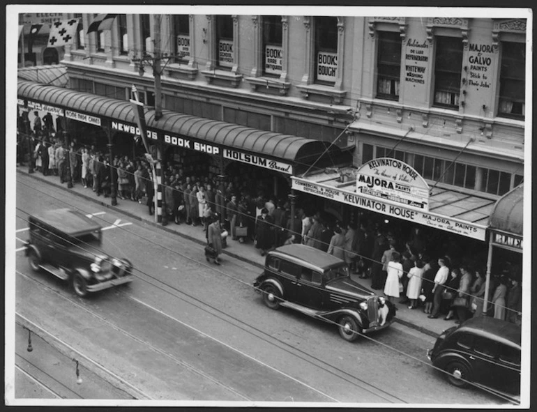 Image: Crowd outside Newbolds Bookshop, George Street, Dunedin