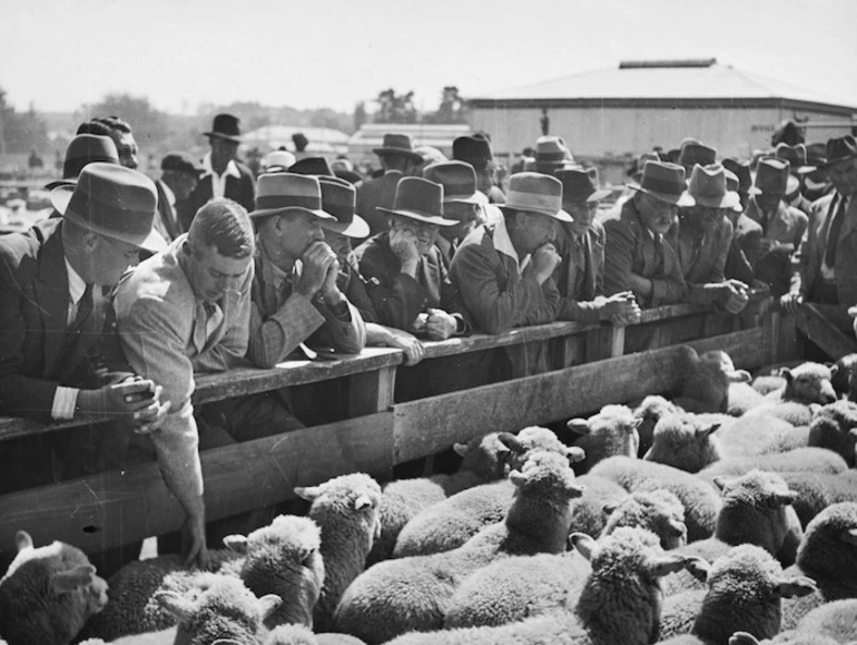 Image: Unidentified men at a stock sale at an unidentified stock yard