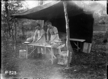 Image: Two men preparing pies and sausage rolls for the Otago Battalion in Selles, France