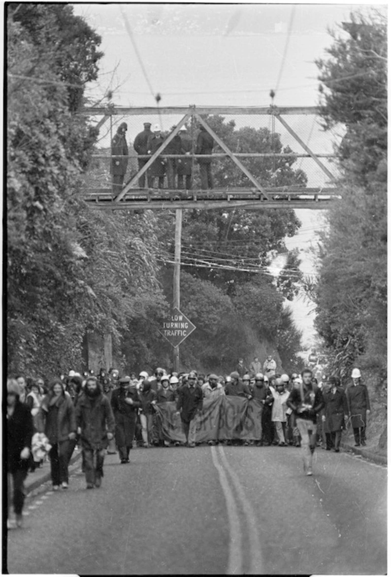 Image: Anti Springbok tour demonstration on Lower Watt Street, Wadestown, Wellington