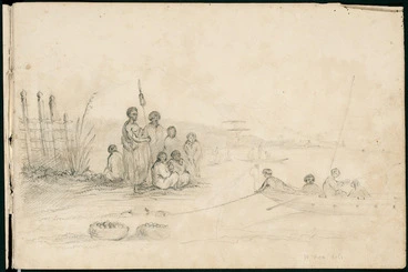 Image: Fox, William 1812-1893 :[Maori on shore watching a canoe beach. Kits of food beside the group. 1845?]