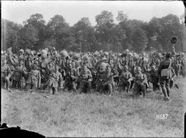 Image: The Pioneer Battalion cheering Massey and Ward on their departure, Bois-de-Warnimont, France